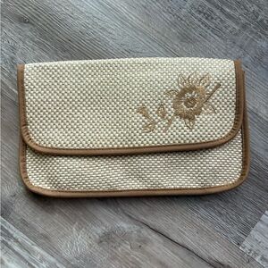 Beige Fabric Clutch Bag with Embroidered Sunflower Design for Casual Occasion